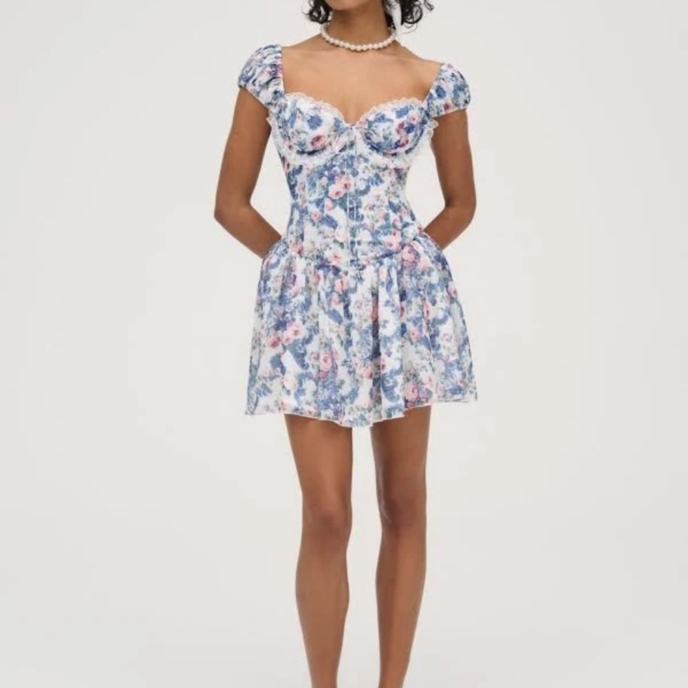 Sweetheart Floral Corset Mini Dress in Blue & Pink
